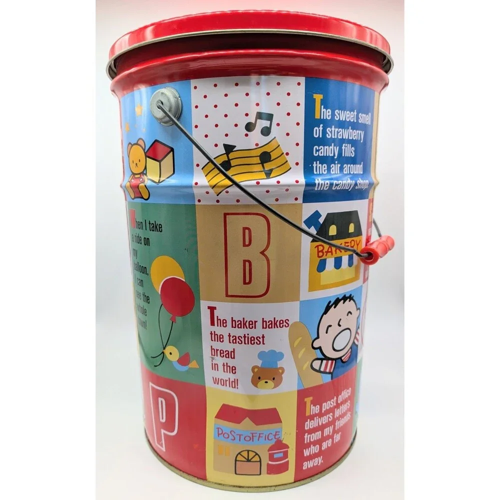 VTG Sanrio Hello Kitty Tin Bucket Pail Character Town With Handle And Lid 1990
